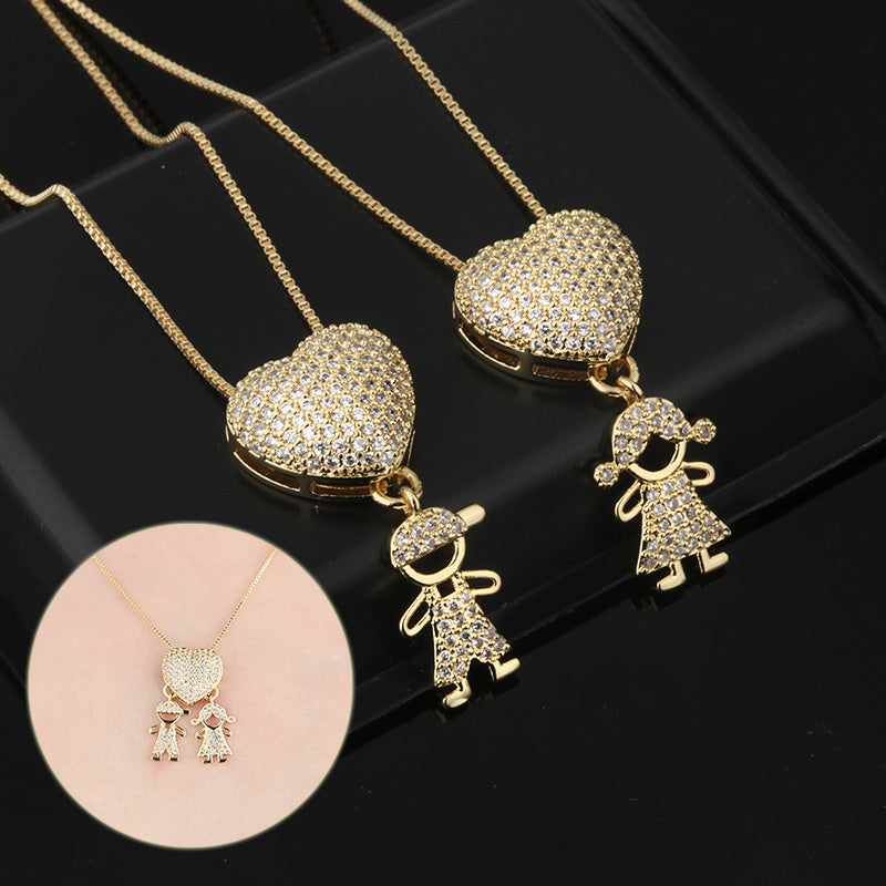 Fashion Jewelry Son Daughter Heart Gold Color Cubic Zirconia Family Girl Boy Pendant Necklace Chain Jewelry For Mother Gift