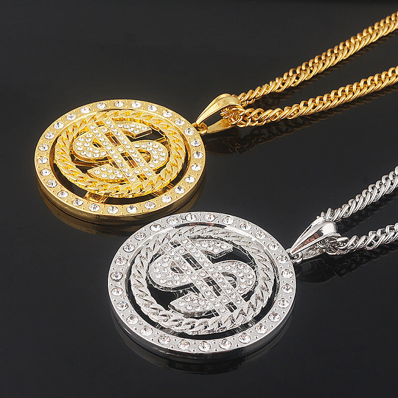 European Hip Hop Street Dollar Turntable Necklace Rap HIPHOP Rotatable Dollar Pendant More And More Earned